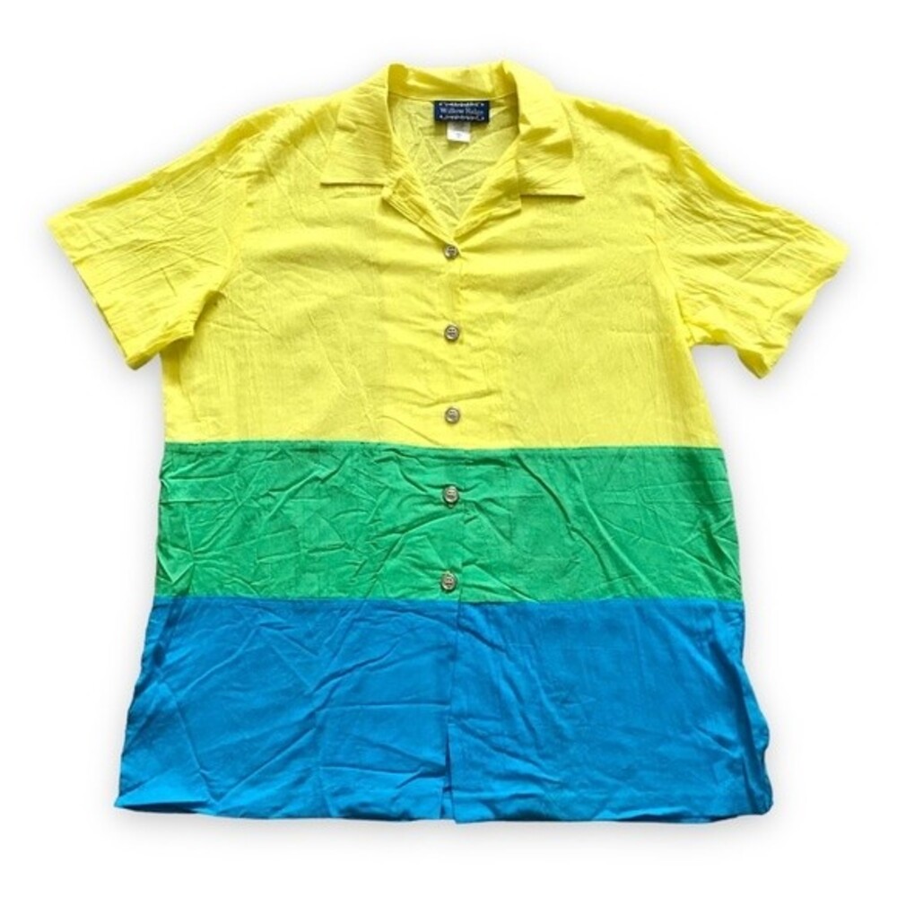Vintage Willow Ridge Yellow Green Blue Color Block Short Sleeve Button Up NWOT
